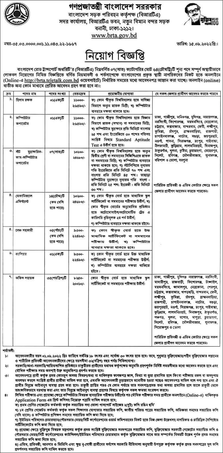 BRTA Job Circular 2022