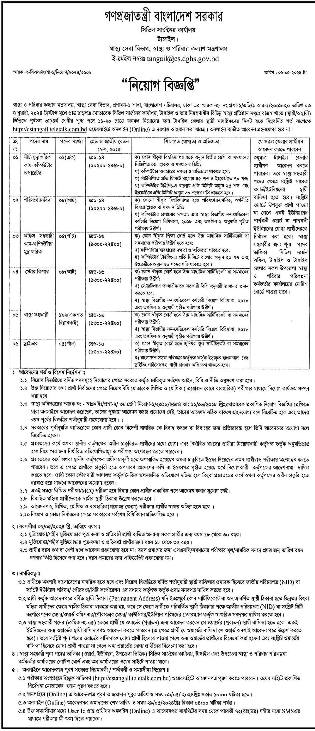টাঙ্গাইল সিভিল সার্জন কার্যালয় নিয়োগ বিজ্ঞপ্তি ২০২৪